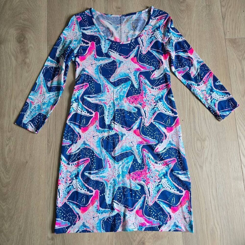 Lilly‎ Pulitzer Beacon Dress Women's Small Blue Starfish 100% Pima Cotton Preppy